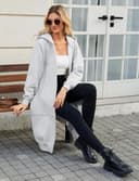 Tuopuda Mujer Largo Sudadera con Capucha Casual Sudadera Larga de Lana con Cremallera Chaqueta de Lana con Bolsillos para Primavera Otoño Invierno Hoodie Suéter(Gris Claro,XL) - 2