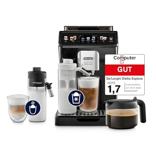 De'Longhi Eletta Explore - Perfetto Fully Automatic Coffee Machine with LatteCrema Milk Frother, 40 Drinks at the Touch of a Button, Coloured Touch Display, Dark Grey (ECAM452.57.G)