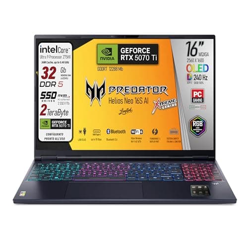 acer Predator Helios Neo 16s Ai, Notebook Gaming, Intel Ultra 9-275X, 24core, RAM DDR5 32Gb, SSD 2Tb (2 x 1Tb), Display 16" Oled 240Hz, DCI-P3 al 100%, Geforce RTX 5070Ti 12Gb, Win 11, Preconfigurato