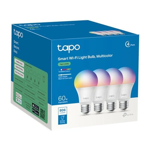 Tapo L530E (4 paquetes) – Bombilla LED inteligente Wi-Fi, multicolor, regulable, casquillo E27, 8.7W, 806 lúmenes, compatible con Alexa y Google Home
