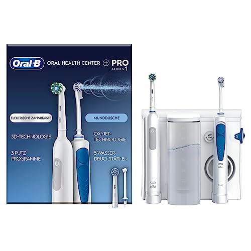 Oral-B Oral Health Centre Oral Irrigator with Oxyjet Technology for Teeth Cleaning, 2 Replacement Nozzles & PRO Series 1 Electric Toothbrush, 2 Replacement Brushes, 3 Modes for Dental Care, White