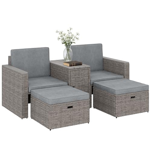 Outsunny 5 Piece Rattan Garden Furniture Set, Nesting Outdoor Furniture Conversation Set with 2 Footstools, WPC Storage Coffee Table, Cushions, Wicker Garden Sofa for Conservatory, Terrace, Dark Grey