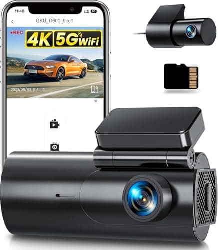 GKU Dashcam Cámara Coche 4K+1080P, 5GHz WiFi Dash CAM Coche con Tarjeta SD de 64GB,Camara Coche Grabadora,170° Gran Angular,Visión Nocturn,WDR,Sensor G,Monitor de Aparcamiento,Grabación de Bucle