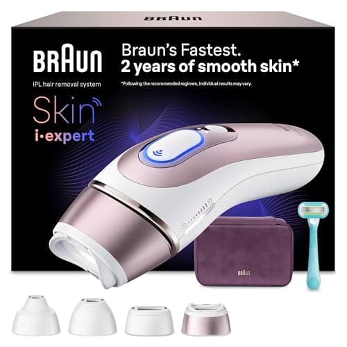 Braun Depiladora Luz Pulsada Smart IPL Skin i·expert, Depiladora Laser con 4 Cabezales, Neceser Y Maquinilla Venus, Reducción Permanente del Vello, Depilación Láser en Casa, PL7431, Blanco/Bronce