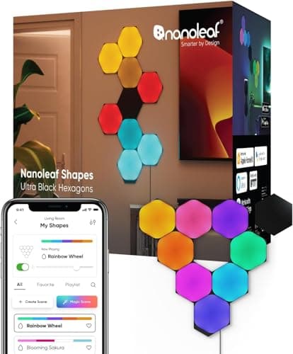 Nanoleaf Shapes WiFi and Thread Smart RGBW 16M + Color LED dimmerabile, luci da parete per giochi e decorazione della casa, kit più intelligente (kit più intelligente con esagoni neri (confezione da 9