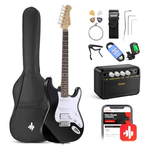 Donner Kit de Guitarra Eléctrica Stratocaster de Tamaño Completo con Amplificador, Bolsa, Capo, Correa, Cuerda, Sintonizador, Cable y Púas (Negro)
