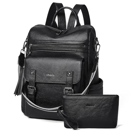 Shirre cuoio Zaino Borsa per donne Viaggi e lavoro Cabriolet cintura a spalla Zaino Borsa in cuoio vegano morbido e impermeabile Passa 14 pollici laptop borsa nera