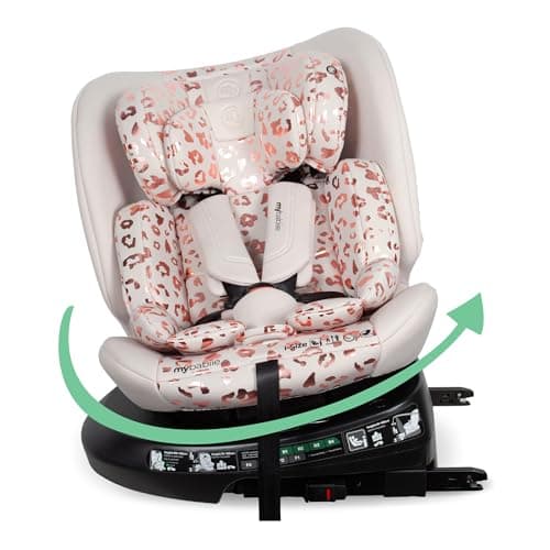 My Babiie MBCS200 360° Spin R129 Baby Car Seat – Top Tether, ISOFIX, Birth to 12yrs (40-150cm), i-Size, ERF, Group 0+/1/2/3, Rotating 360 Swivel - Pink Leopard