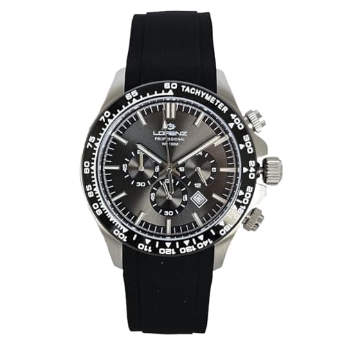 Lorenz Chrono 26175MM Herren Chronograph Armbanduhr Kautschuk Taucher 100 Meter Uhr, Schwarz, Modern