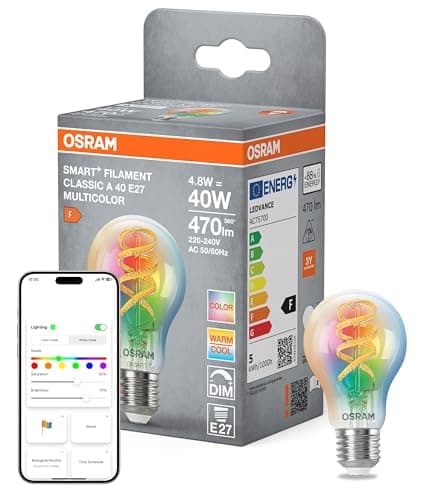 OSRAM Lampadina LED SMART+, a forma di lampadina A40 RGBW E27, filamento, Matter-ready, controllabile tramite app, multicolore, connessione WiFi, 2700–6500 K