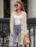 Aottori Cárdigan Mujer Punto Largo Manga Larga Suéter Chaqueta Botones Bolsillos Suéter Chaqueta Casual Elegante Abrigo Frente Abierto Otoño Invierno Albaricoque M - 2