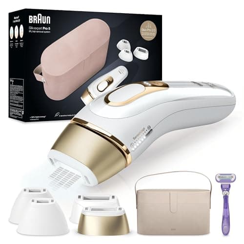 Braun Silk-expert Pro 5 Epilatore LUCE PULSATA, Alternativa al laser, Ideale per Zone Sensibili, Viso, Bikini e Ascelle, Rasoio e Custodia da Viaggio inclusi, Idea Regalo, PL5347 Bianco e Oro