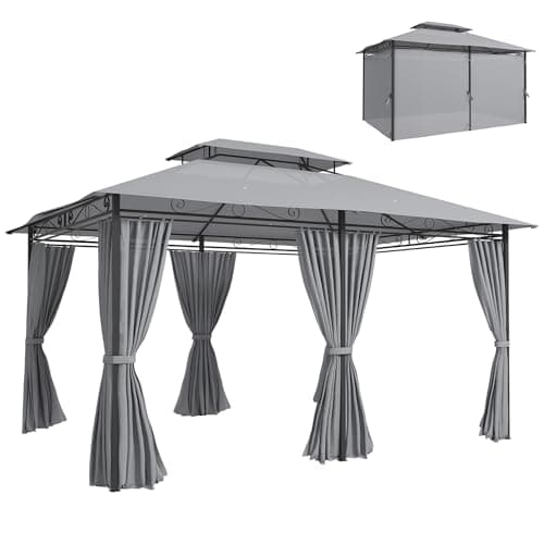Outsunny Cenador para Jardín 3x4 m, Pabellón de Jardín, Gazebo con Doble Techo, 6 Paredes Laterales, Estructura Metálica, Drenaje, Carpa para Exterior, Terraza, Patio, Gris Oscuro