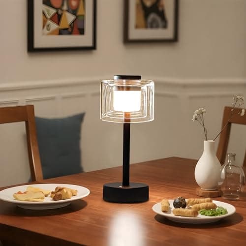 JHY DESIGN Lámpara de mesa industrial con control táctil, 27 cm de altura, lámpara de mesa regulable en 3 niveles, recargable, con pantalla de vidrio para dormitorio, salón, comedor, exterior