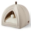 Bedsure Cama para Gatos Grande - Cueva para Gatos 44 x 44 x 44 cm, Casa para Gatos de Interior con Cojín Sherpa Extraíble y Juguete Colgante, Cama Lavable, Blanco Roto - 7