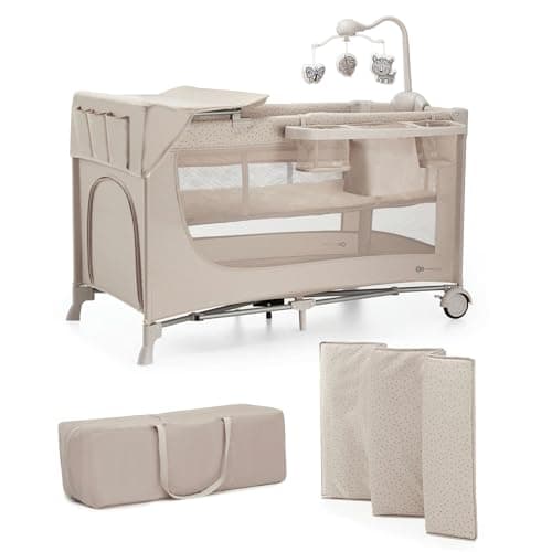 Kinderkraft Joy 2 Acc Cuna de Viaje 2 en 1 para Bebé de hasta 25 kg, Plegado rápido y fácil, Incluye Carrusel de Cuna con Juguetes, Estantes para pañales y Cambiador, Bolsa de Transporte, Beige