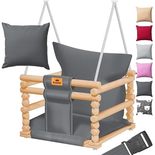 KIDIZ® Babyschaukel Kinderschaukel für Babys ab 6 Monaten und Kleinkinder bis 3+ Jahre | Holzschaukel Schaukelsitz höhenverstellbar & mit Polsterung | Schaukel für drinnen und draußen, Anthrazit
