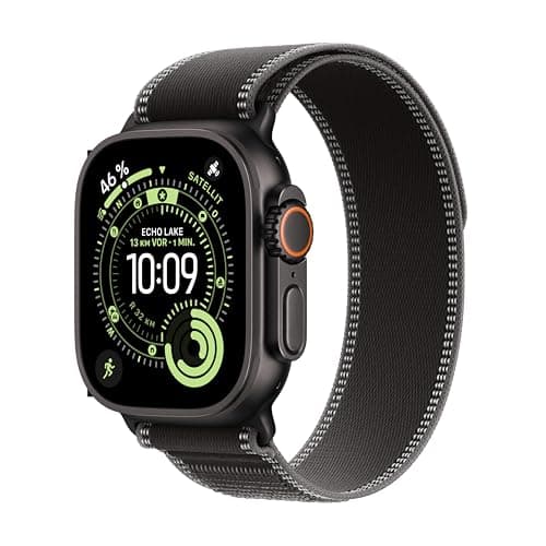Apple Watch Ultra 3 GPS + Cellular 49 mm Premium Smartwatch für Lauftraining und Kombinationssport mit robustem Titangehäuse in Schwarz und Trail Loop in Schwarz/Kohlegrau (M/L)