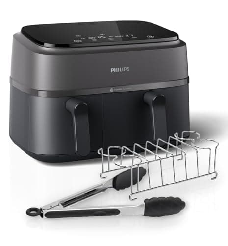 Philips Dual Basket Airfryer 3000 Series, 9L, 2 Drawer Air Fryer, with Breakfast Kit, Rapid Air Technology, Versatile Large Air Fryer for Family, 99% Less fat and Energy Saving, HomeID App (NA350/03)
