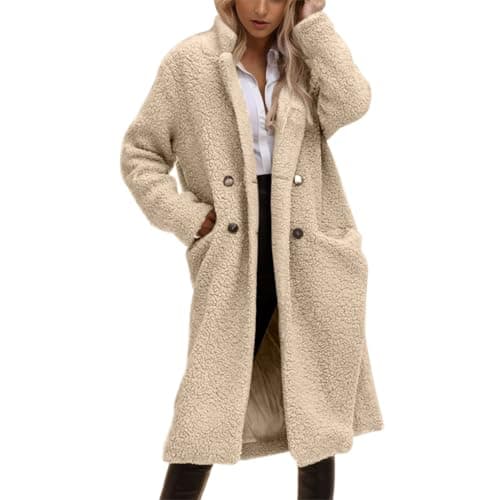 Vhersily 2025 Regal - Teddy Langer Mantel Damen Lange Winterjacke Pelzmäntel Elegante Trenchcoat mit doppelreihigem Revers Plüsch Teddybär Cardigan, weiß, S