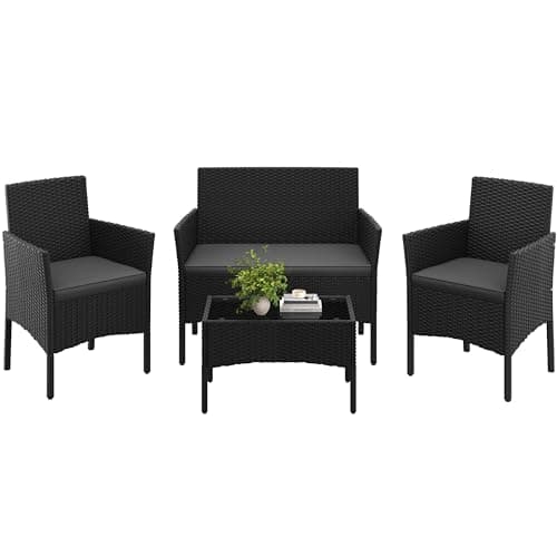 Yaheetech 4-Piece Rattan Patio Furniture Set, Outdoor 4 Seater Patio Conversation Sets with Glass Top Coffee Table, Weather Resistant Garden Conversation Set for Patio, Backyard, Deck, Black/Gray