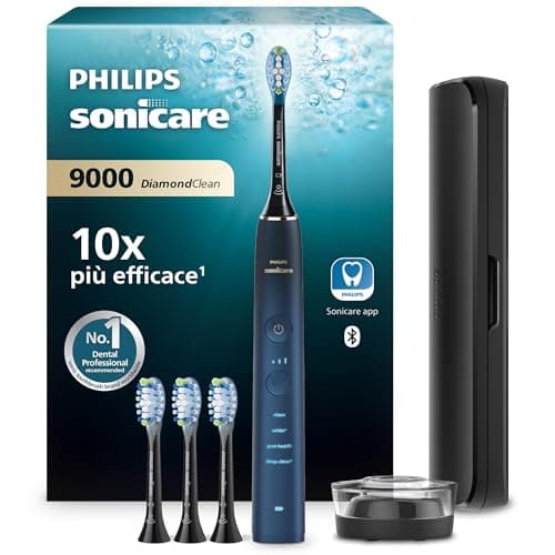 Philips Sonicare Spazzolino elettrico DiamondClean serie 9000 edizione speciale: per pulizia dei denti e igiene orale, blu scuro, 4 testine Premium Plaque C3 (modello HX9911/89)