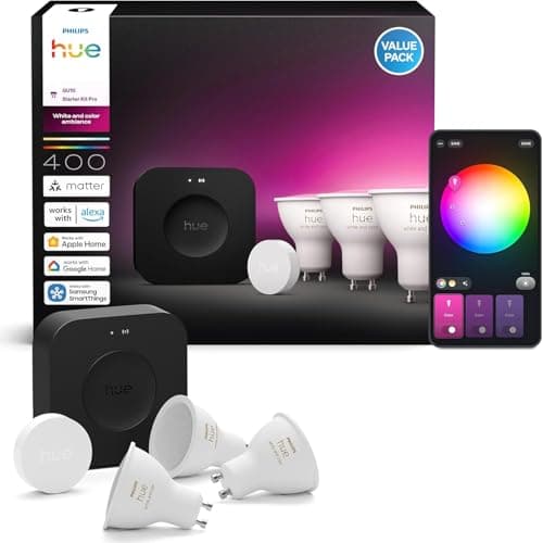 Philips Hue Kit Inicio Pro: Hue Bridge Pro + Smart button + 3 focos led inteligentes E27, Luz Blanca y Colores, funciona con Matter, Apple Home, Amazon Alexa, Google Assistant, Samsung SmartThings