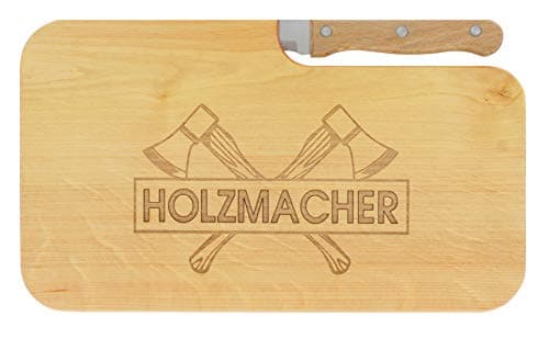 LASERHELD Wooden Bread Board with Engraving "Holzmacher" and Knife, 26 x 15 cm, Breakfast Board, Wooden Chopping Board, Snack Board, Gift for Woodmakers, Lumberjacks as Father's Day Gift