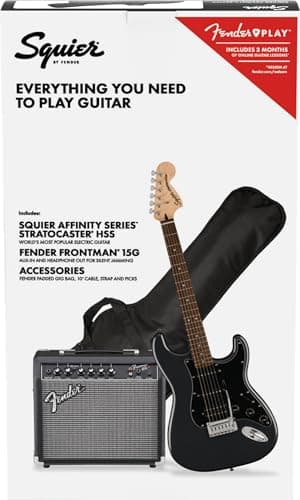 Squier by Fender Pack Affinity HSS, Charcoal Frost Metallic, con amplificador, pack de guitarra eléctrica, Incluye cursos virtuales gratuitos en Fender Play