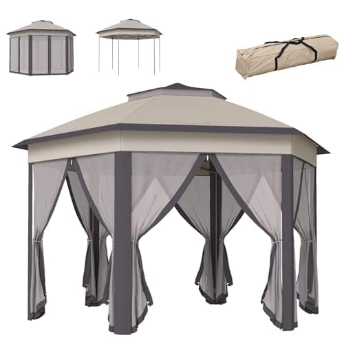 Outsunny Pavillon 4x4m Wasserdicht Pop-up sechseckiger Faltpavillon, Doppeldach, Gartenpavillon mit 6 Seitenteilen, Partyzelt inkl. Tragetasche, für Garten, Terrasse, Festival, Kaffee+Beige
