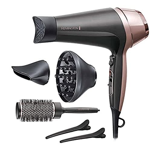 Remington D5707 Ion Hair Dryer, Curl, Waves&Straight, Curl-Straight (2200 W, 3 Styling Attachments: Conical & Curl Styling Nozzle & Diffuser, 45 mm Round Brush & Clips, 3 Heating & 2 Fan Levels)