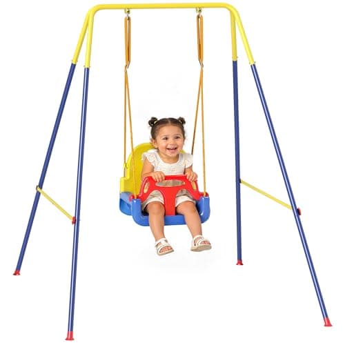 AIYAPLAY Columpio para Bebés 3 en 1, Columpio Jardín Exterior con Cuerdas Ajustables, Cinturón de Seguridad, Marco de Acero Plegable, para Niños de 9 Meses a 8 Años, para Interior, Exterior, Azul