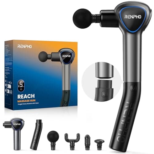 Pistola Massaggio Muscolare con Manico Staccabile, RENPHO Reach pistola per massaggi, 5 velocità, 4 testine massaggianti, LED, 2 in 1 Massaggiatore a Percussione Profonda, Nero