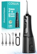 COSLUS C51 Irrigador Dental Bucal Portatil: 3 Modos y 18 Presión Ajustable -300ml IPX7 Irrigador Bucal Inalámbrico para Ortodoncia/Encías Sensibles -Limpieza Dientes de Hogar Viaje - 4 Boquillas Negro - 1