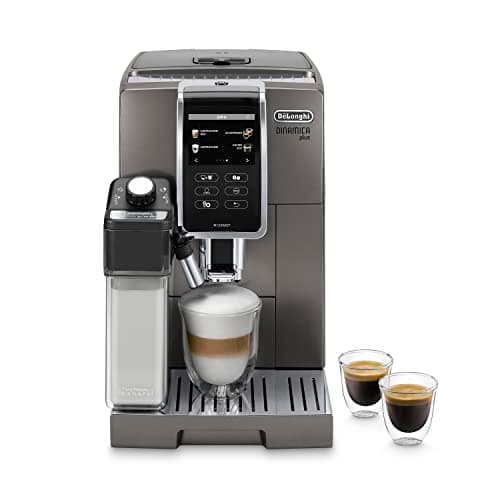 De'Longhi Dinamica Plus ECAM 376.95.T One Touch Milk Frothing System Coffee Link App Cone Grinder 3.5 Inch Colour Display Removable 1.8 L Water Tank Titanium