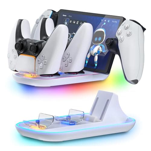 HEATFUN PS Portal Charging Dock Station - 3-in-1 Charger for Playstation 5 Portal & Dual PS5 Controllers, RGB Light Accessories Stand - White Display Base with Type-C Cable for Gaming Setup