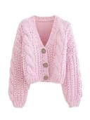 AYAZER Top Fatti a Mano in Maglia Spessa Moda Donna Cardigan Lavorato a Maglia Corto Maglione Giacca da Donna retrò a Maniche Lunghe Chic-Rosa-Taglia Unica - 1
