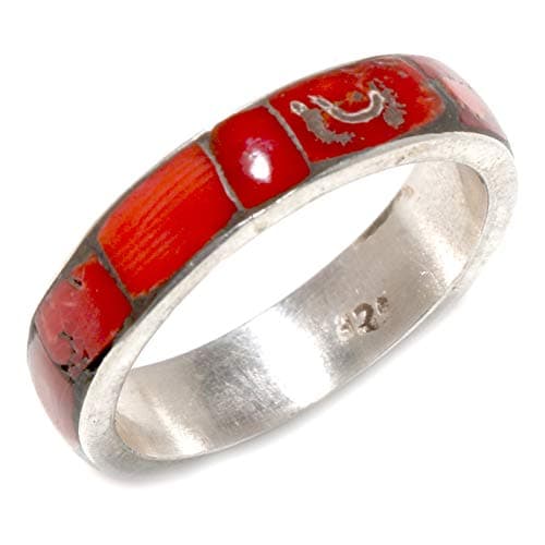 Anello con Pietra Preziosa di Corallo Rosso per Donna Uomo Argento Sterling 925 Design Moderno Anello a Fascia Fatto a Mano Anello di Promessa per Coppia di Gioielli, Taglia 17
