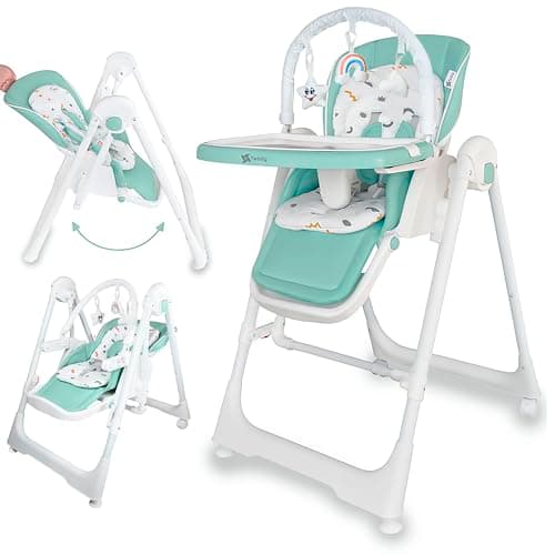 Twinly - Trona bebé Evolutiva Hamaca columpio multifunción Movity PRO con arco de Juguetes - Plegable y ajustable con Reductor Arnés 5 puntos y Bandeja extraíble - 0m+ a 15kg (Menta, Movity Pro)