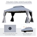 Outsunny Cenador de Jardín 4x3 m, Pabellón de Jardín Gazebo con Doble Techo, 4 Cortinas y Mosquitera, Marco de Aluminio, Orificios de Drenaje, UPF50+, Carpa para Exterior, Terraza, Patio, Gris - 4
