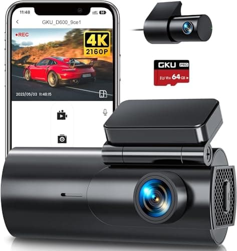 GKU 4K Dash Cam Front and Rear, 5GHz WiFi Dashcam with 64GB SD Card, Dual Car Camera Dash Cam with Parking Monitor, Night Vision, WDR, 170° Wide Angle, G-Sensor, Loop Recording, APP Control, Max 256GB