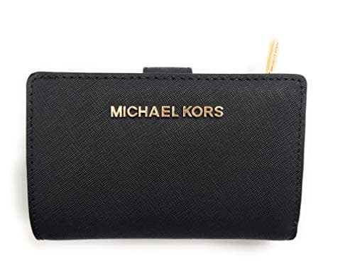 Michael Kors Jet Set Viaggio Portafoglio Moneta In Pelle Saffiano Bifold Zip, Saffiano nero, medium, Portafoglio Bifold