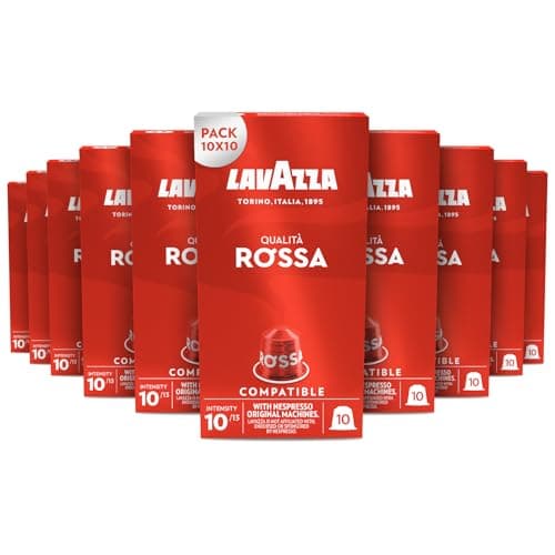 Lavazza, Qualità Rossa, 100 Cápsulas de Café Compatibles con Máquinas Nespresso Original, con Notas de Chocolate y Frutos Secos, Arábica y Robusta, Intensidad 10/13, Tueste Medio, Amazon Exclusive
