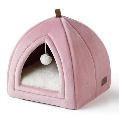 Bedsure Cat Cave Bed Indoor - Flannel Hooded Cat Igloo House, 40x40x40cm Enclosed Foldable Pet Bed with Removable Washable Cushion Pillow, Pink