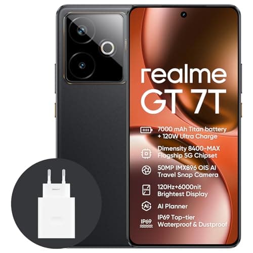 realme GT 7T 5G Smartphone,12+256GB,7000 mAh Battery,120W Charge,Dimensity 8400-MAX Chipset,IMX896 50MP Camera, AI Planner,6000nits Pro-Esports 120Hz Display,IP69,Black,Amazon Exclusive