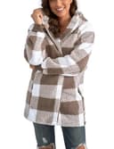 ABINGOO Damen Teddy Fleece Mantel Kariert Warm Winterjacke Kapuzenjacke Flauschig Plüschjacke Reißverschluss Sweatshirt mit Kapuze und Taschen(Beige,M) - 2