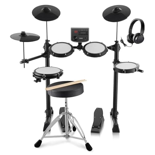 VEVOR 15 PCS Kit de Batería Electrónica 150 Sonidos Batería Eléctrica de 20,32 cm con Silla, Caja de Malla Compatible con USB MIDI, 3 Platillos de 25,4 cm, Baquetas y Auriculares para Principiantes