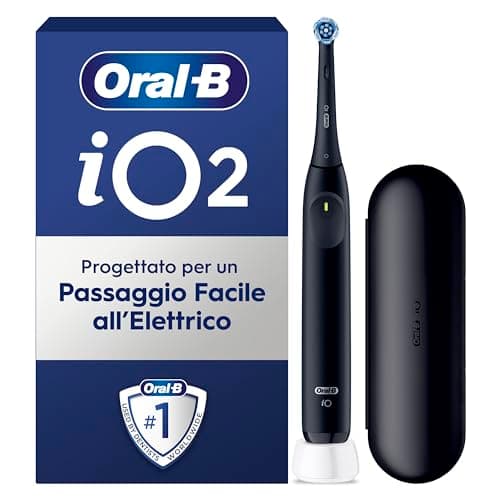 Oral-B iO 2 Spazzolino Elettrico Oral B, Nero, 1 Testina Di Ricambio, 1 Custodia Da Viaggio, Spazzolino, Delicato sulle Gengive, Efficace sulla placca, Sensore di Pressione