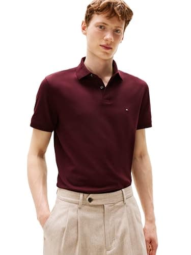 Tommy Hilfiger Men's Short Sleeve Polo Shirts in Regular Fit with Stretch and Organic Pique Cotton Short Sleeve Polo Shirts in Regular Fit with Stretch and Organic Pique Cotton (Pack of 1), Burgundy