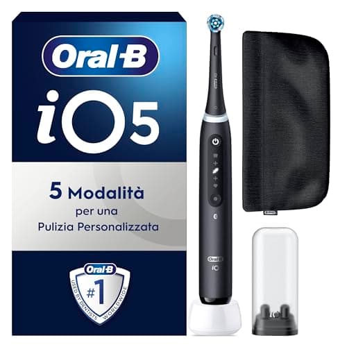 Oral-B Spazzolino Elettrico Ricaricabile iO 5N Nero, 1 Spazzolino Elettrico, 1 Testina, Pochette, io 5 Per Una Pulizia Denti Efficace, Sensore di Pressione, Gengive Protette